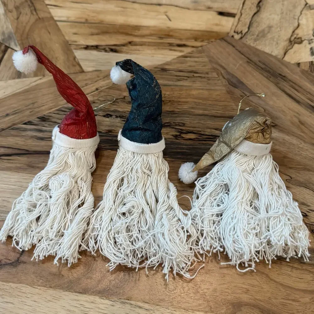 Vintage Santa Claus Head Ornaments Wire Glasses Mop String Beard Set of 3 Retro